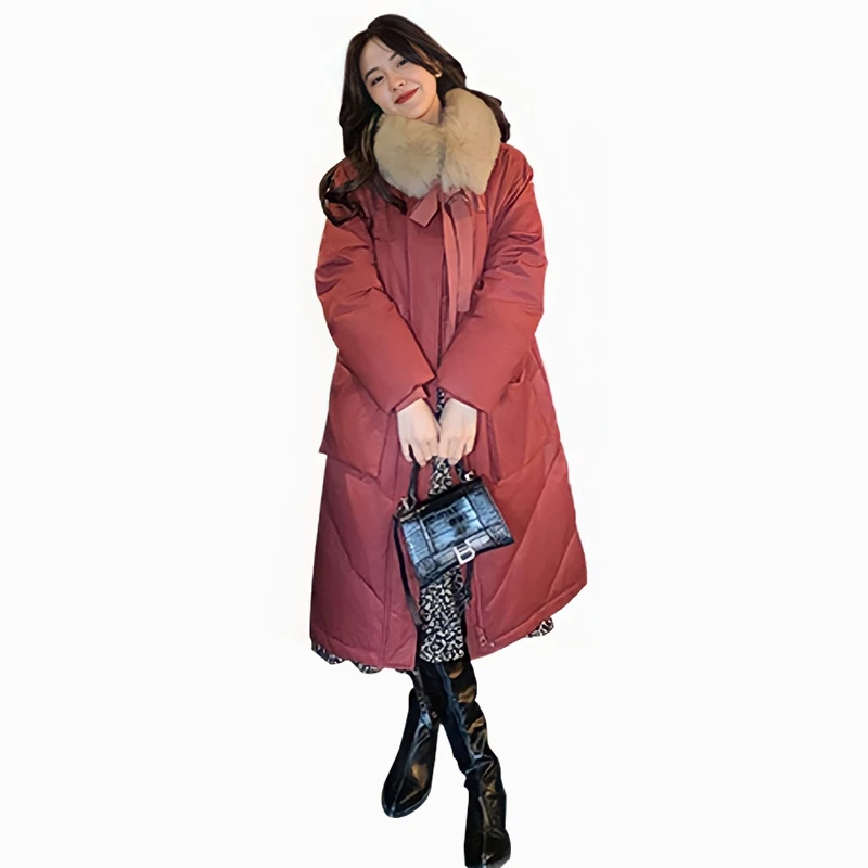 High Quality Winter New Big Fur Collar Mid-Length Red And Blue Thick Coat  Down Jackets