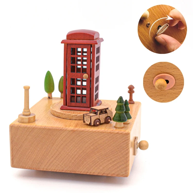 Telephone booth wooden music box with moving round car