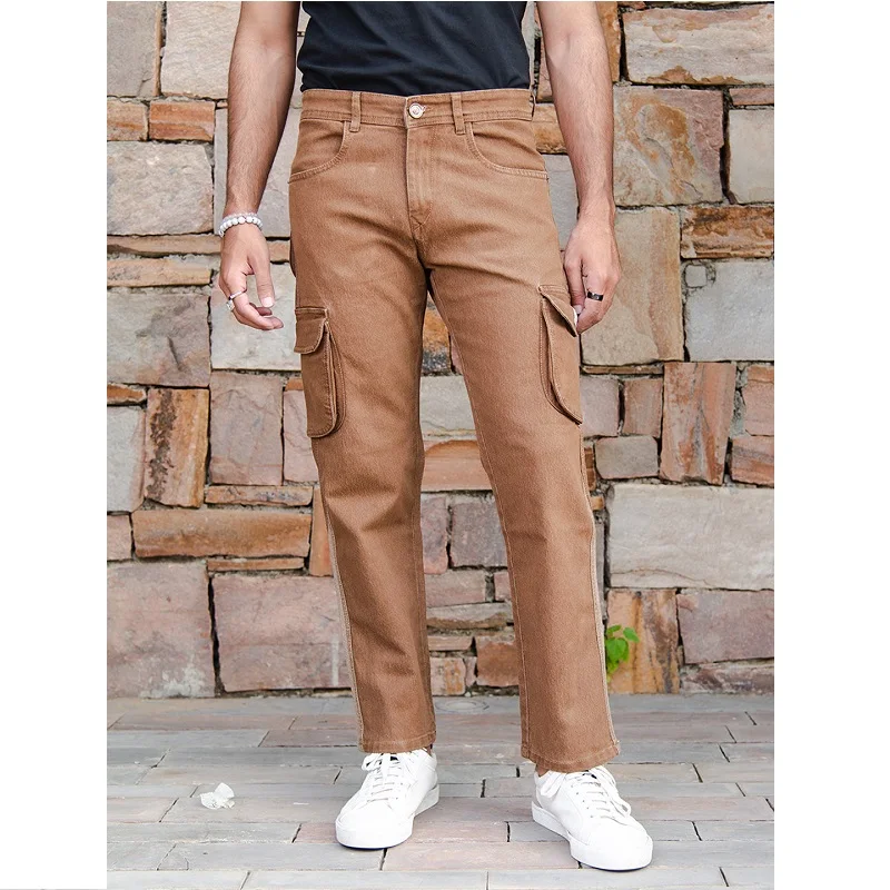 Джинсы для мужчин большие и высокие верблюжьи коричневые прямые мужские джинсы-Карго