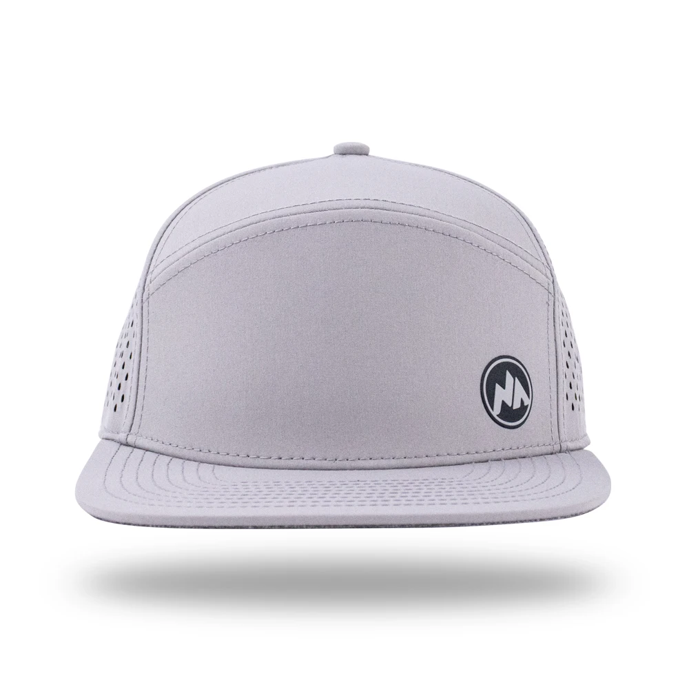 Hot Sales 6 Panel High Quality Custom Silicone Rubber Patch Logo Flat Brim Camper Cap with Laser Etched Droplets Hats