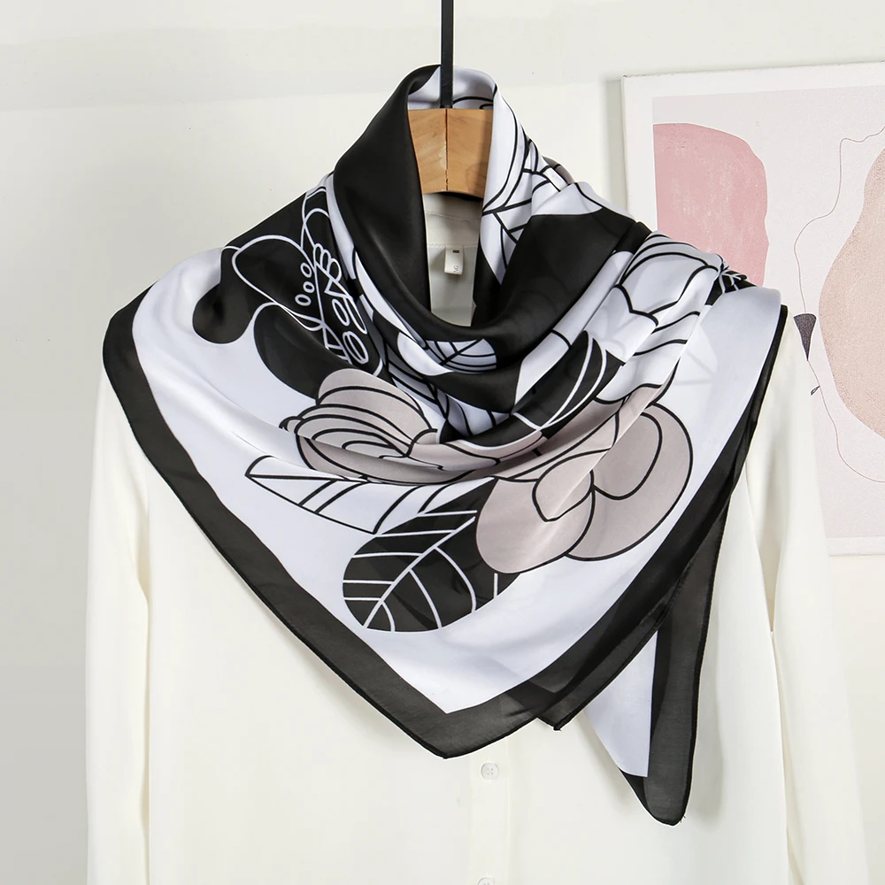 New Arrival Elegent Summer Bandana Square Fancy Flower Printed Hijab Satin Silk Scarf For Woman