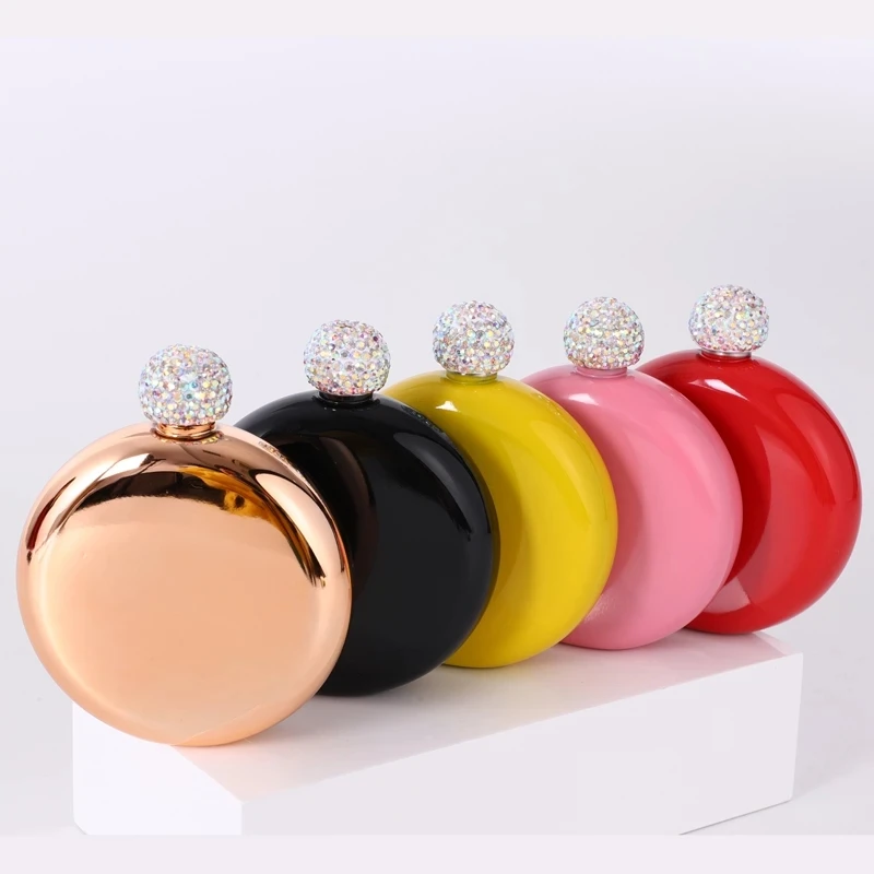 CL1 Portable Alcohol Bottle Round Flask With Rhinestone Cap Wedding Party Gifts Mini Pocket Flagon 5oz Stainless Steel Hip Flask