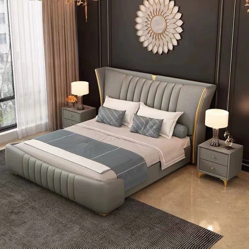 Home King Size Big Headboard Leather Upholstered Italian Style Modern Luxury Bed Room Frame Set Bed room Furniture