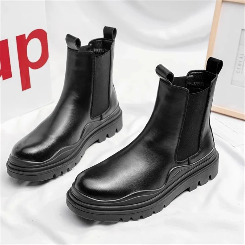 Luxury Design Chunky Split Leather Ankle Boots Male Footwear Round Toe Short Mens Platform Chelsea Martins Boots Shoes