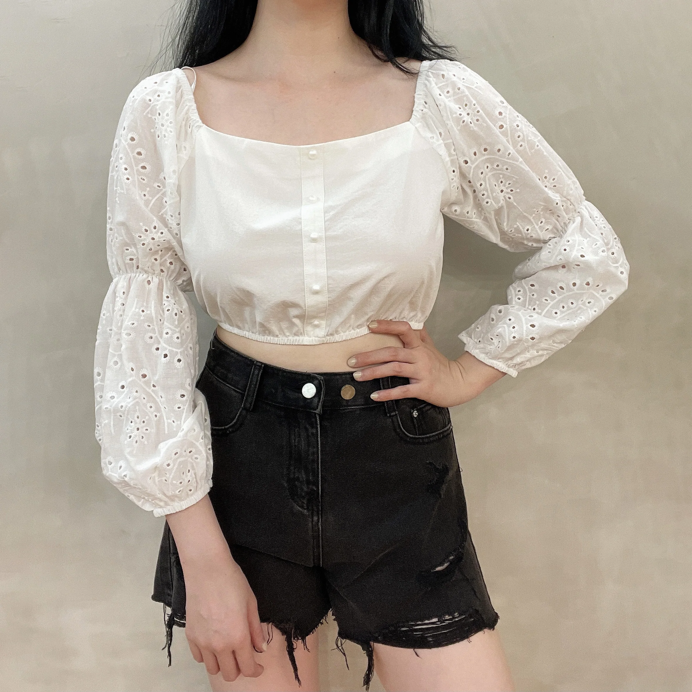 
Koeran fashion summer button up sexy crop top hollow out beach wear women blouse 