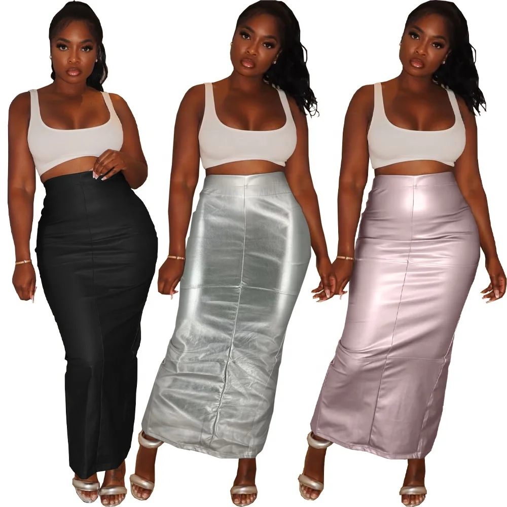 Silver Pink Black Elastic Waist Sexy Straight Long Skirt Lady Boutique Clothing Fall Winter PU Leather Skirts With Split Slit