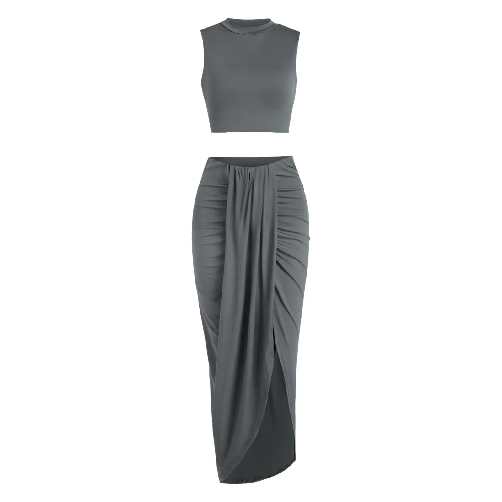 Two Piece Set Women Clothing Sexy Club Crop Top and Side Split Draped Ruched Maxi Skirt Set Solid Suiting