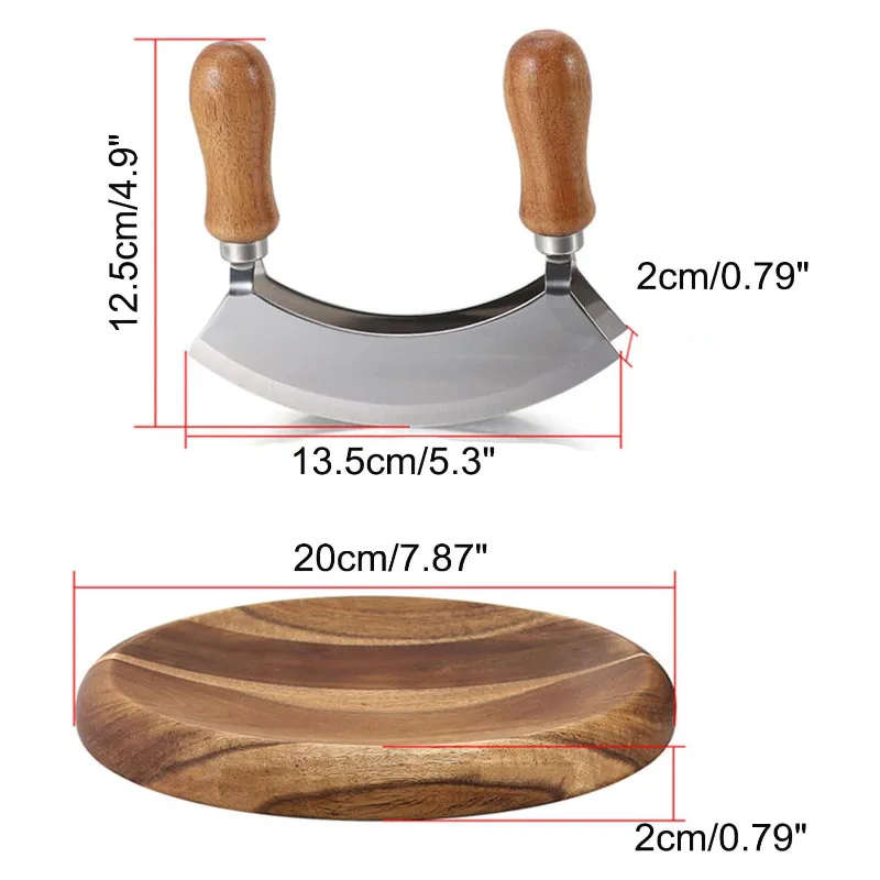 Modern Double Blade Chopping Knife Pizza Cutter Rocker Knife Mezzaluna Wood Cutting Board Knife and Round Cutting Board