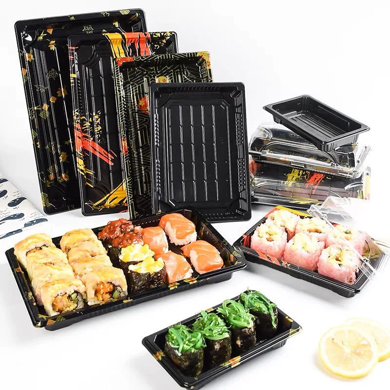 Customized Printed Catering Retail Foldable Compartment Disposable Box Delivery Plastic Round Fast Food Sushi Tray Packaging