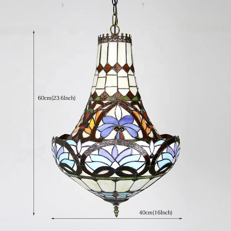 LongHuiJing 16Inch Baroque Tiffany Chandelier Ceiling Light Colored Stained Glass Lampshade Pendant Lamp For Restaurant
