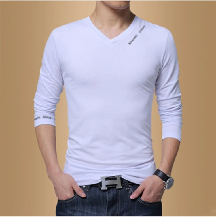 Мужская футболка с длинным рукавом, белая однотонная футболка с V-образным вырезом и принтом на заказ, осень 2020
