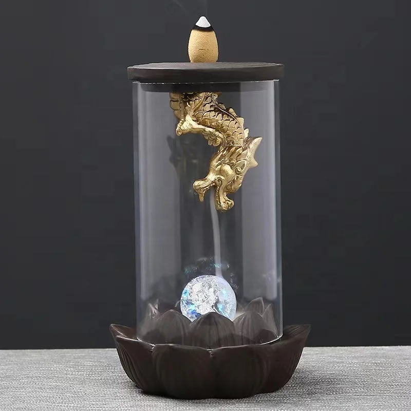 7 Color LED Incense Burner Dragon Waterfall Incense Holder Windproof Acrylic Hood Waterfall Incense Burner for Home Yoga Decor