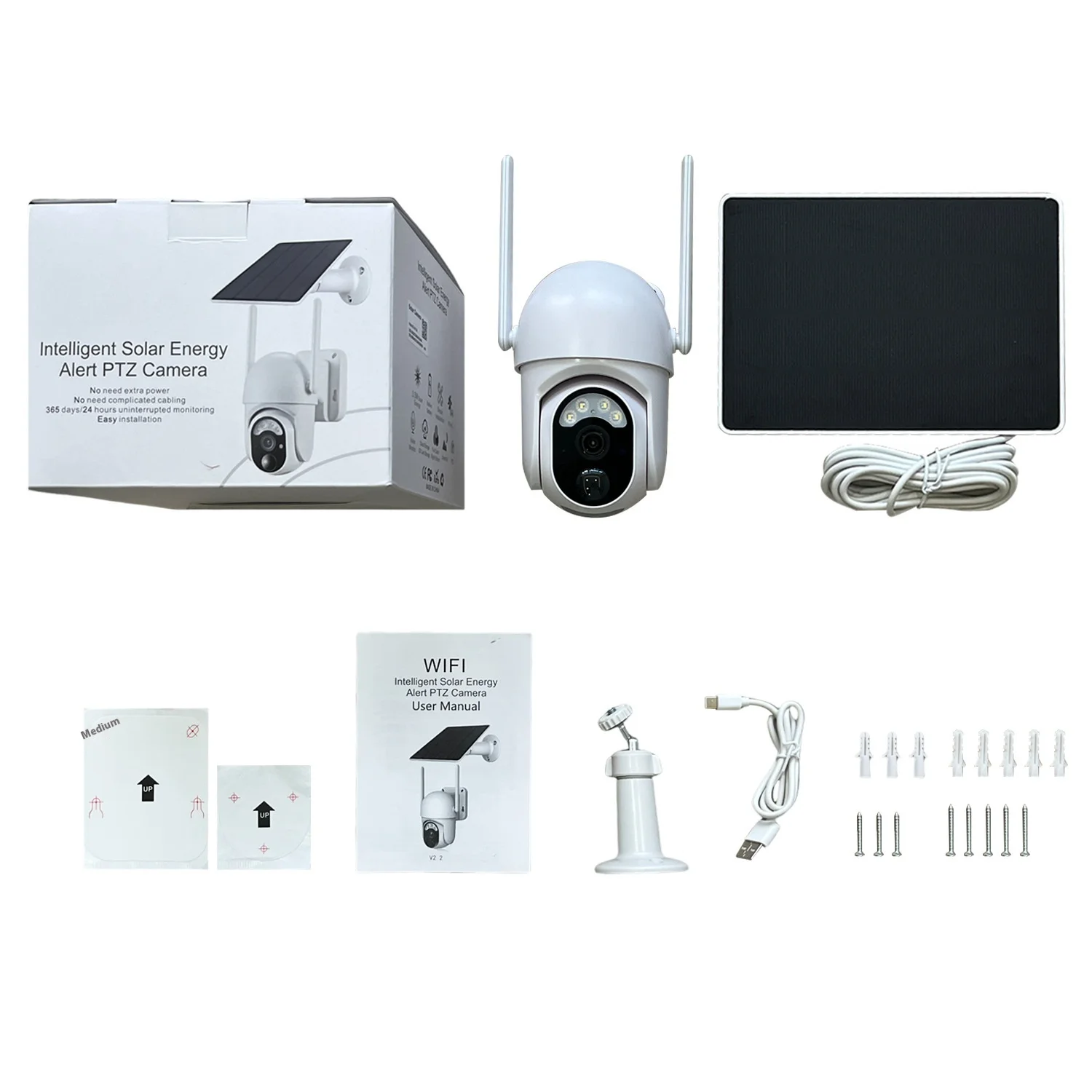 Intelligent Outdoor Wireless Solar CCTV 360° Panoramic 2K Colorful Night Vision Security Monitoring PIR Detection SD Card