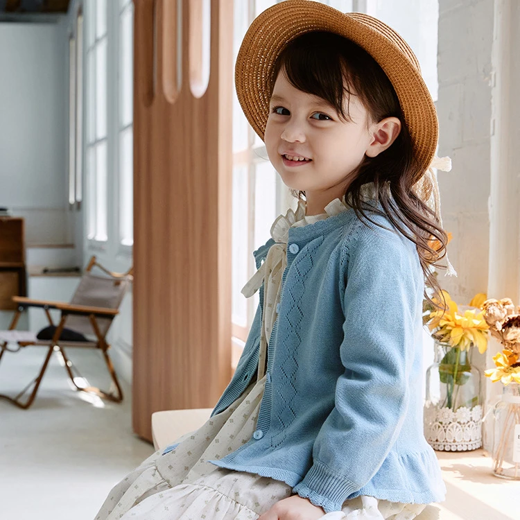 2021 fall autumn winter toddler baby girls cardigan solid blue ruffles infant kids knitted warm shirt tops