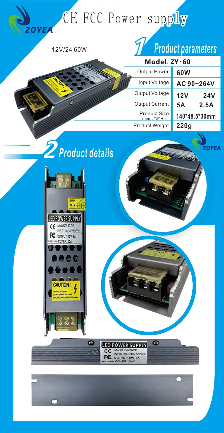 Factory wholesale IP20 CE FCC certified slim power supply AC90-265vDC12/24v 60w Aluminum housing power supply