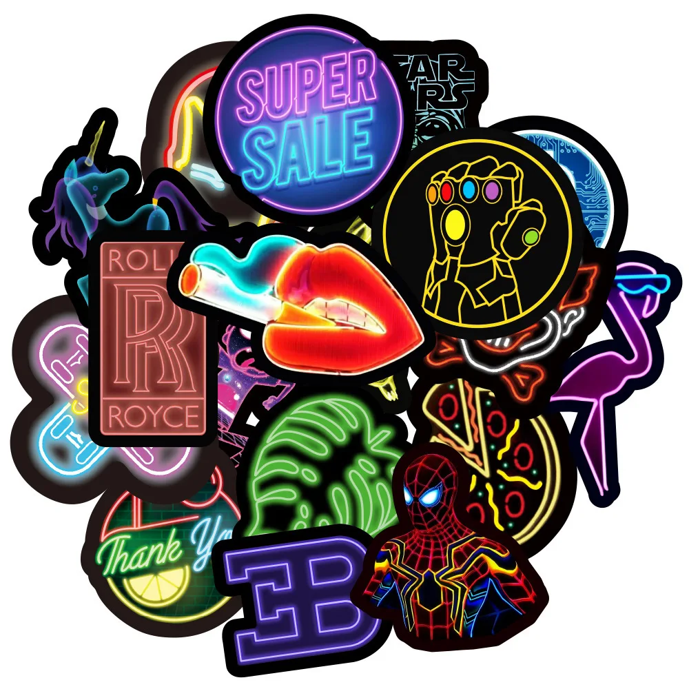 Hot sell 50pcs neon light anime sticker pack for laptop phone skateboard vinyl waterproof decorative stickers