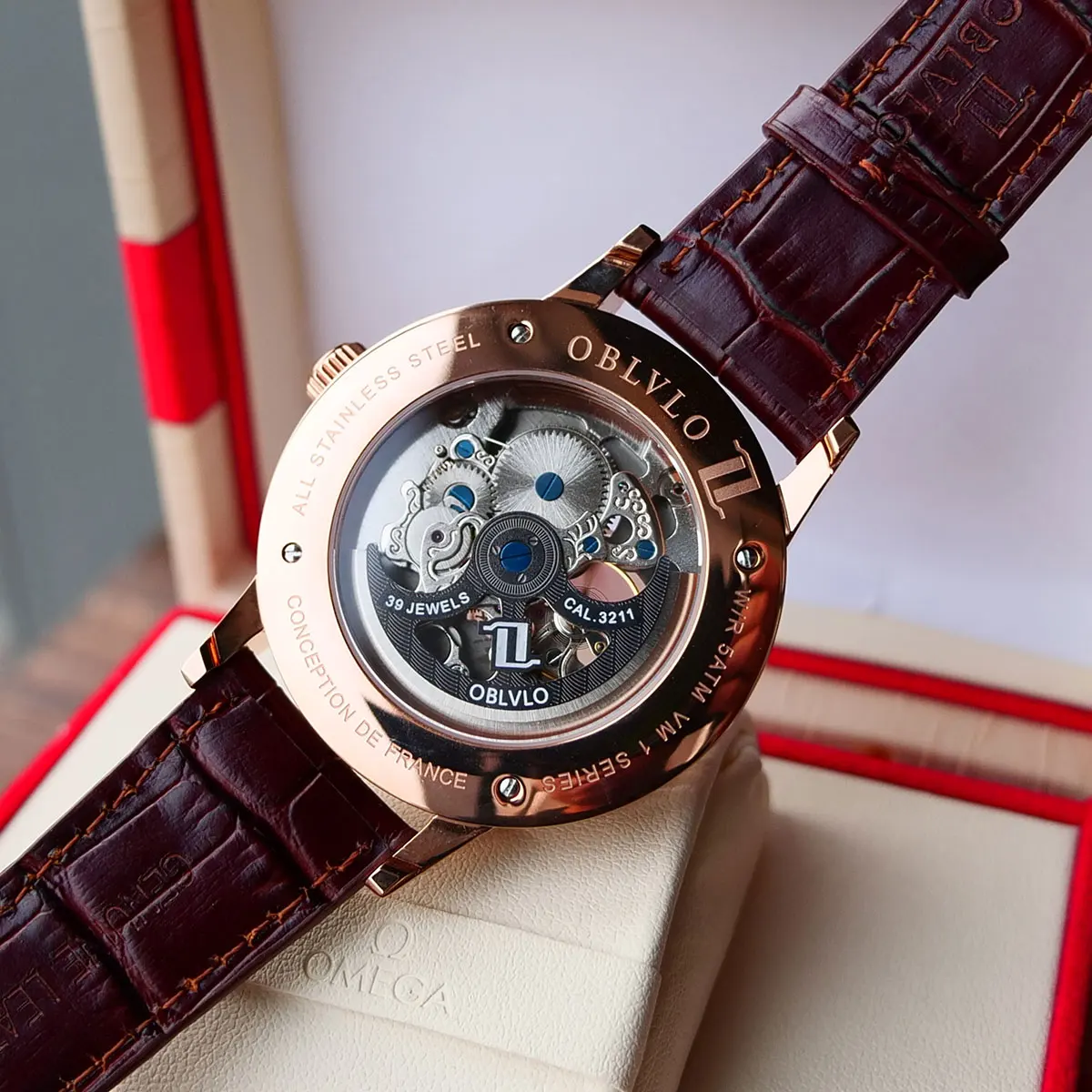 
OBLVLO Casual Watches Men Skeleton Dial Calfskin Leather Band Rose Gold Watches Automatic Watches for Men Montre Homme VM 1 