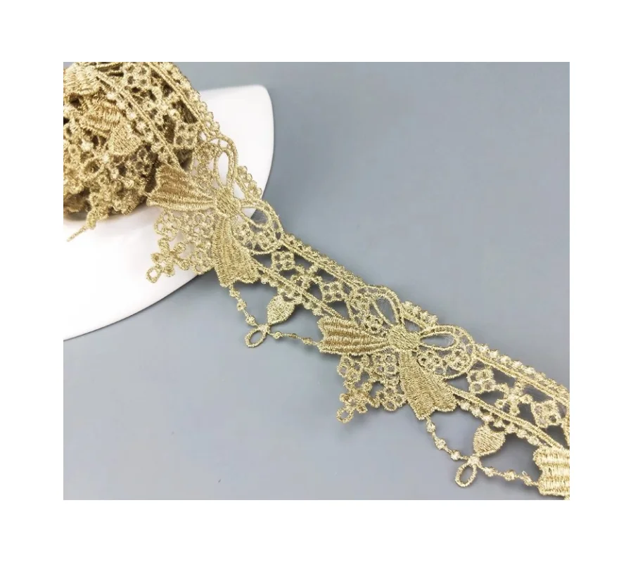 wholesale 5cm polyester golden hollowed out embroidery bow lace trim guipure fabric for wedding dresses garment JDB65