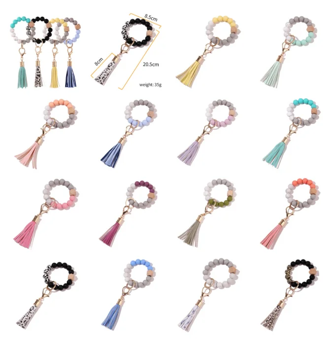 Hot selling Colorful Wood Bead Wristlet Key chain Retro Bracelet Bangle PU Leather Tassel Wristbands Keychain Accessories