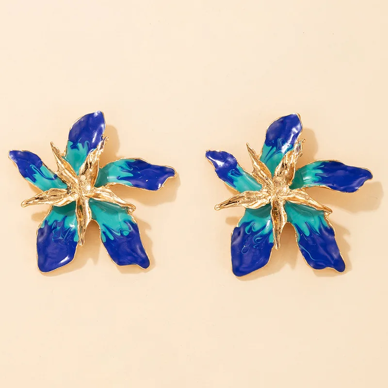 Fashionable personality exaggerated multi-layer metal alloy blue flower earrings jewelry women for 2023