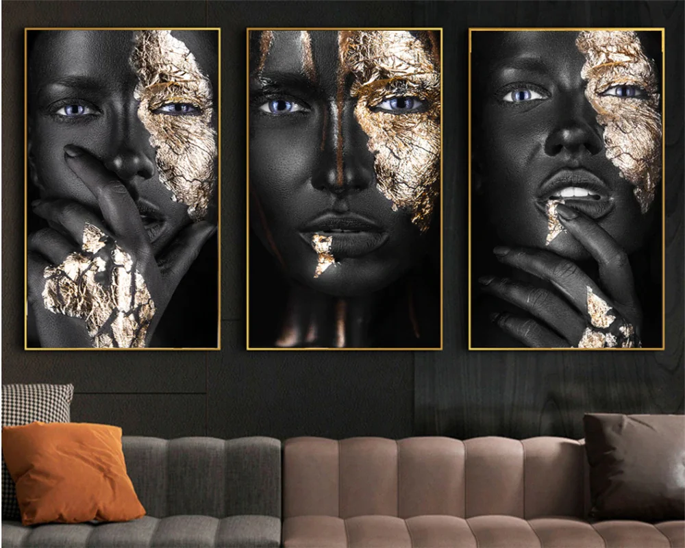 Artist Home Decoration Canvas set Modern Black Women Gold Foil Hd 3 Panel Painting