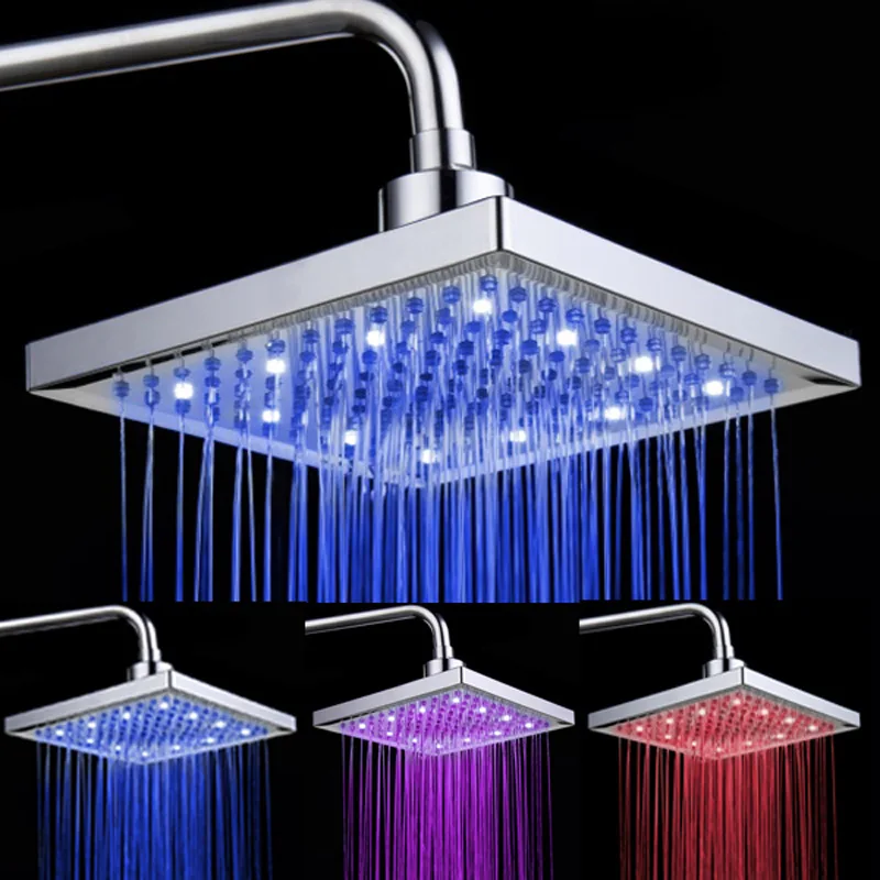 3colors changing LED shower head bathroom rainfall shower heads waterfall shower  8 inch water saving pressurized top spray