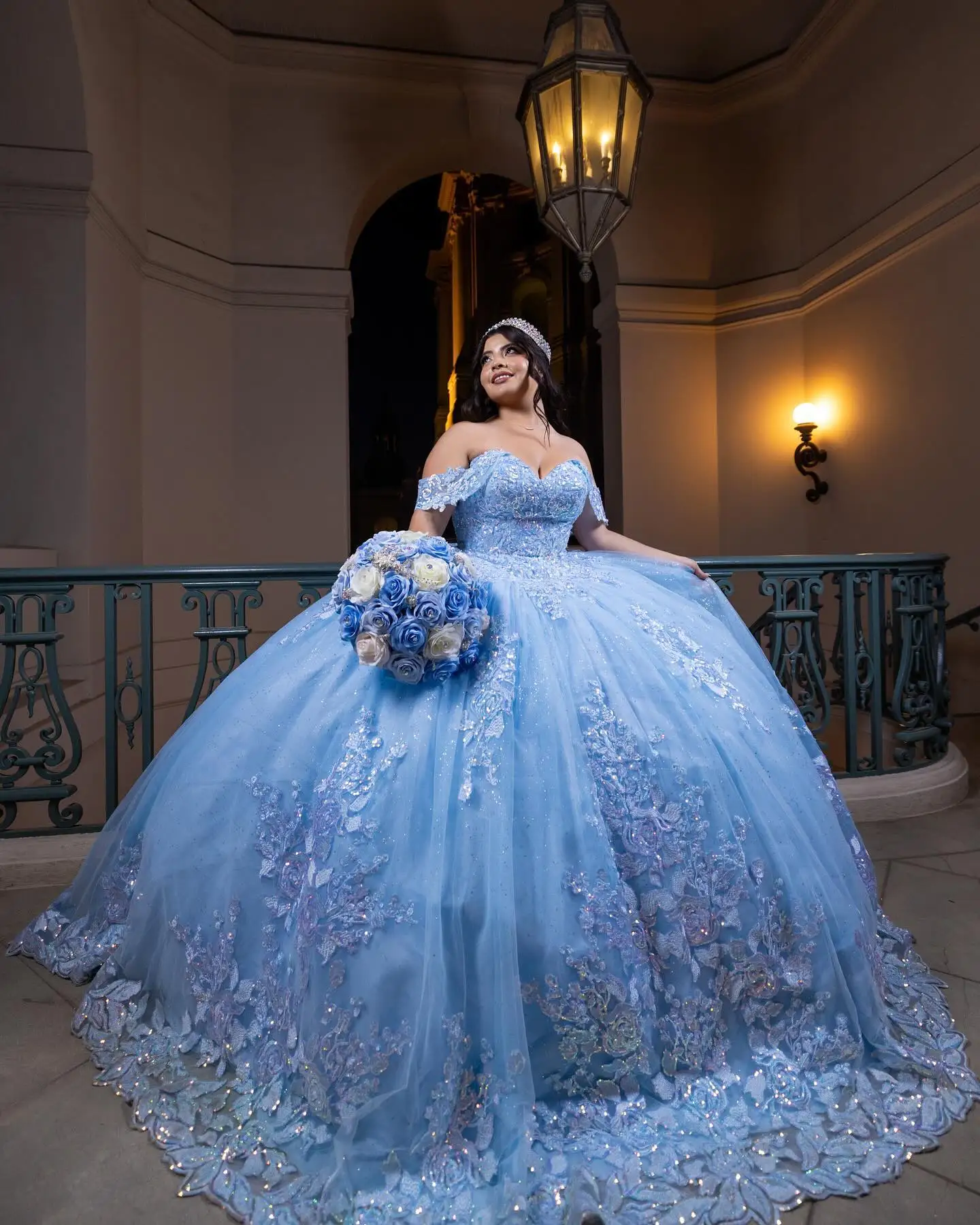 Mumuleo с открытыми плечами Vestidos De 15 Anos кружевное платье аппликацией небесно-голубое из айвы блестками принцессы бантом