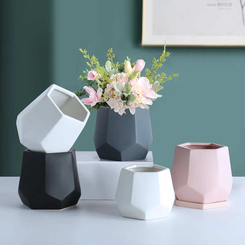 Wholesale geometric designs ceramic flower pots with drainage 15*12.5 bonsai pottery clay plant mexican pot for cactus planters