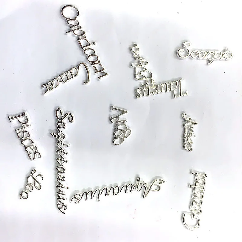 High Quality 12pcs/set English Letter Press On Tips Constellation Symbols Gold Silver Metal Charms Kit For Nails horosecopes
