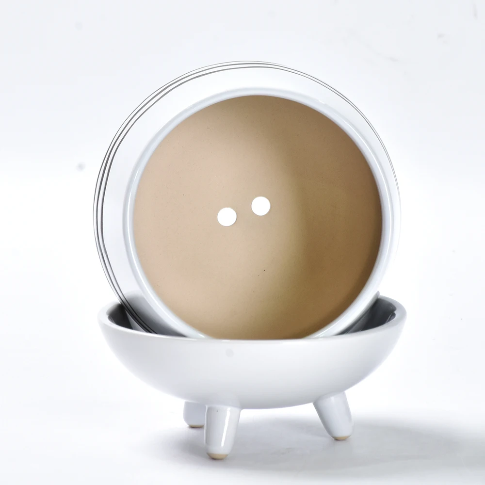 Striped pattern white ceramic flower pot with plates can be planted as a cute and succulent flower pot