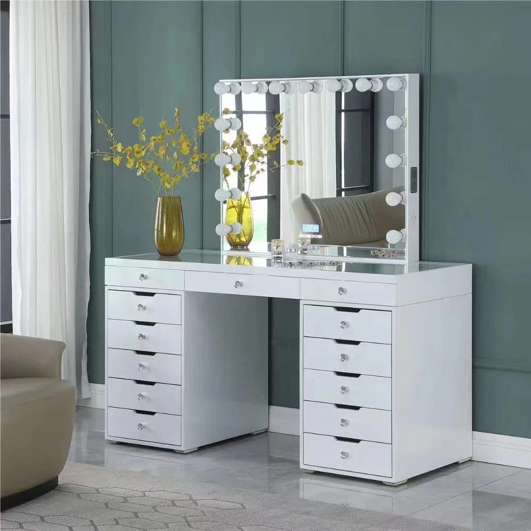 Modern Luxury 13-drawer Panel Dressing Table Storage for Bedroom Furniture Bedroom Sets MDF with LED Mirror Wood Gold 1 Piece