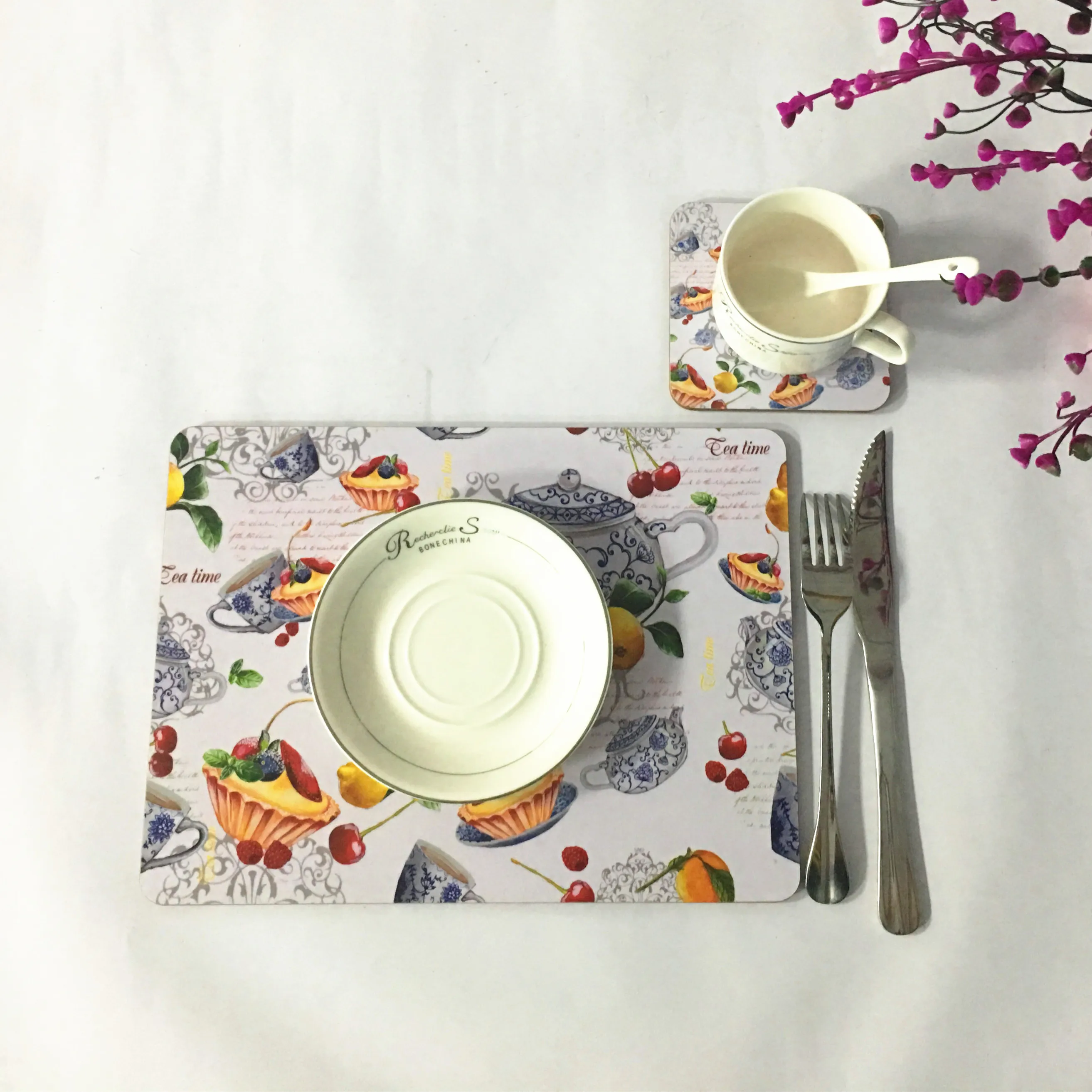 Hot Sale Anti- Skip MDF Sublimation A3 Fruit Set White Cork Backing Placemat For Bars dining plate dish mat for restaurant