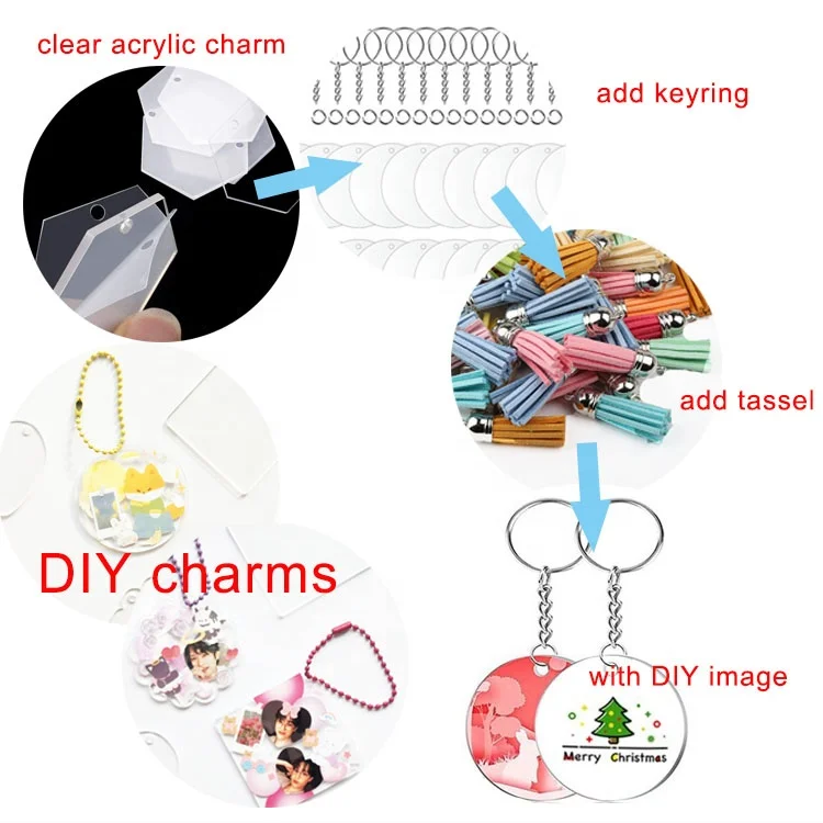 Wholesale round shape transparent acrylic keychain blank with tassel for DIY