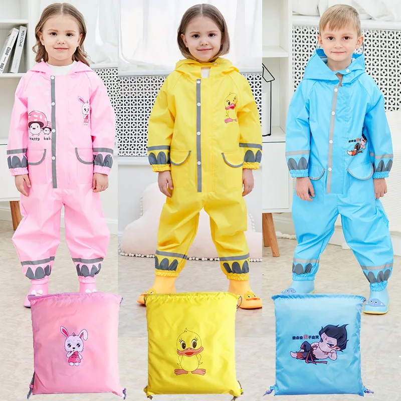 Children Jas Hujan Hooded Kids Reflective Rainsuit Jumpsuit Rainwear Breathable Raincoat For Boy Girl