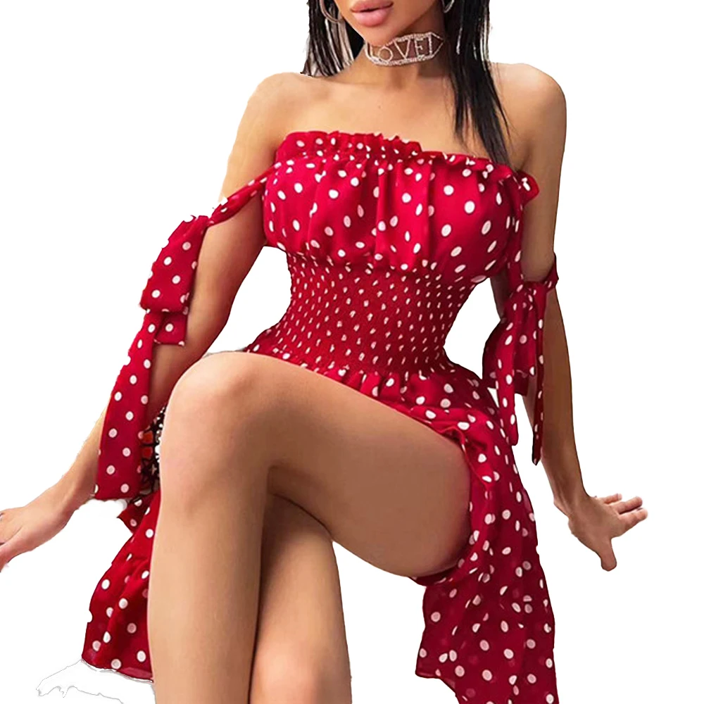 Customized summer polka dot printed chiffon dress Sexy Wrapped Chest Swing Dresses