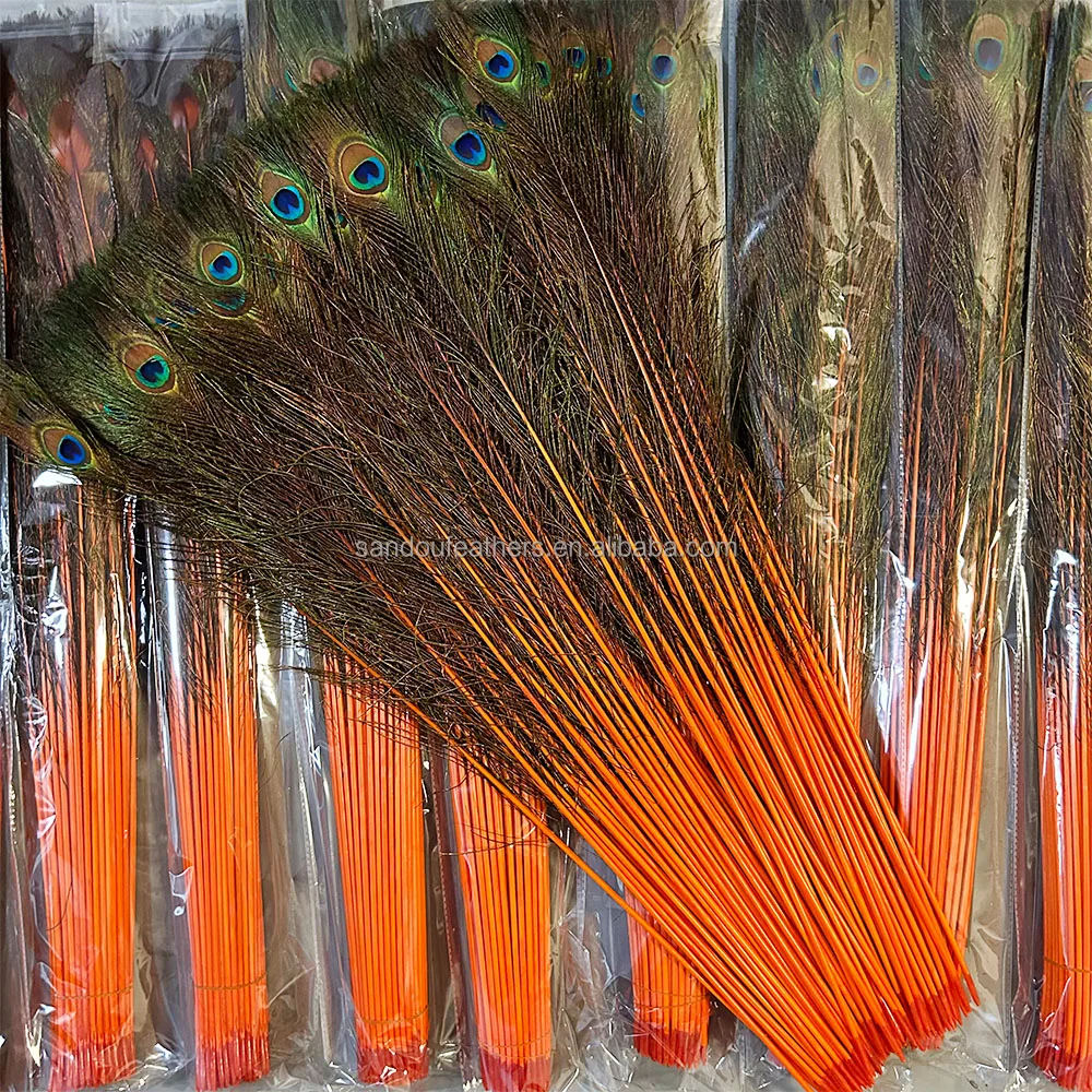Wholesale orange peacock feather direct dyed peacock feather  carnival peacock clothes