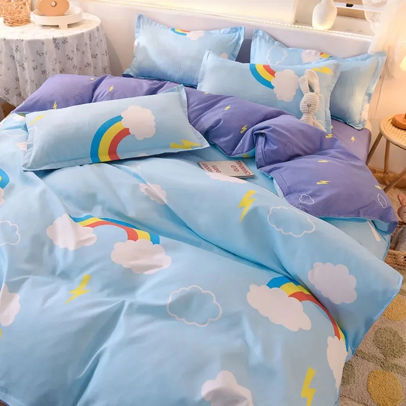 Lovely Double Side Solid Color Flat Fitted Comfort Bed Sheet Pillowcase Comforter Teenage Duvet Set