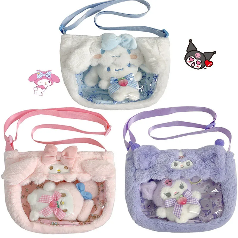 Плюшевая сумка Kawaii Cinnamoroll Melody Kuromi через плечо мультяшная прозрачная плюшевая Hello Kittyes набитый рюкзак