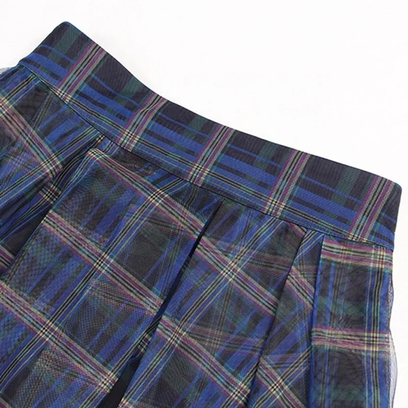TWOTWINSTYLE Vintage Plaid Hit Color Ruched Irregular  Patchwork Mesh Female Skirt