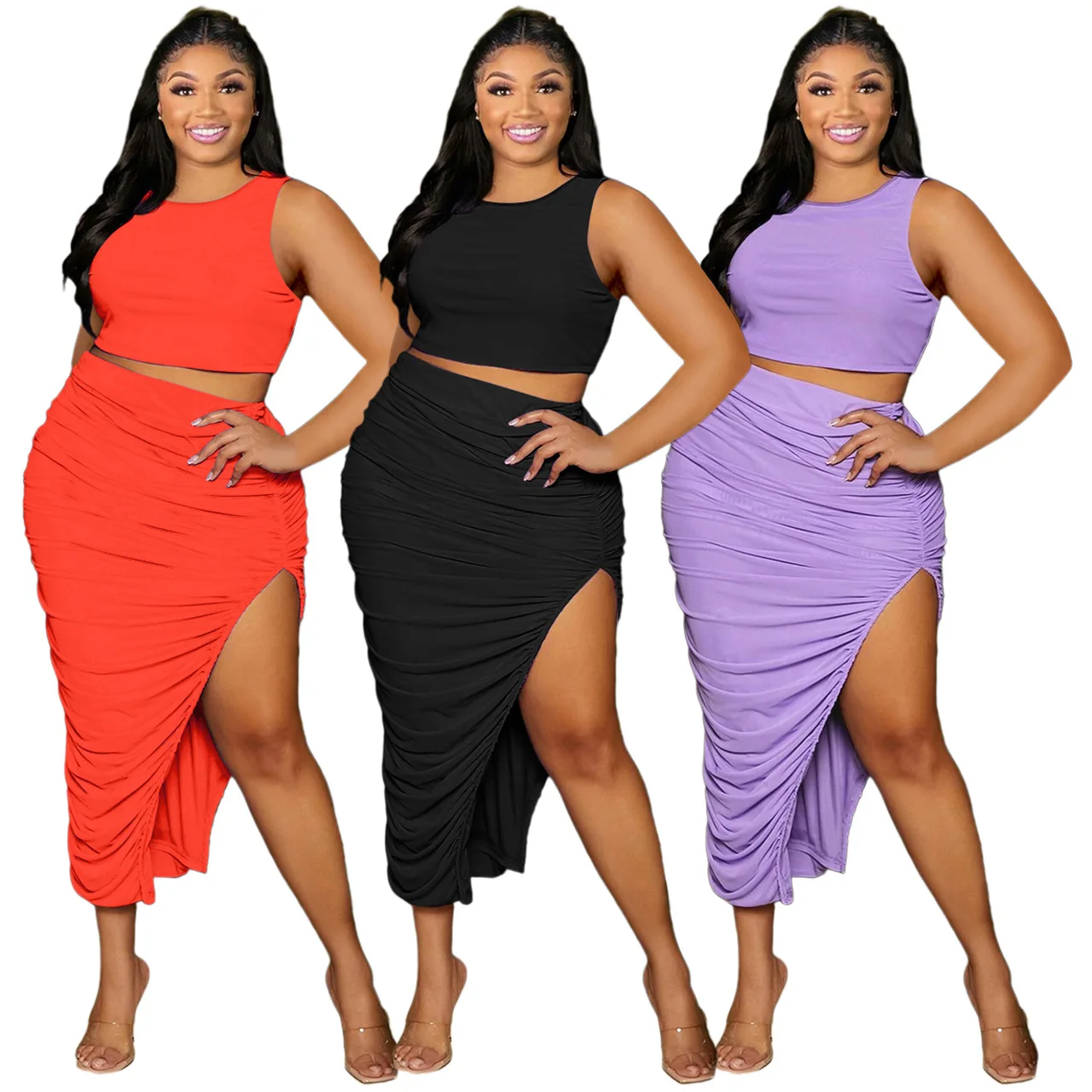 Plus Size Women Clothing 2 Piece Crop Tank Top And Skirt Set Slit Ruched Latest Long Skirt Design Plus Size Women Two Piece Set