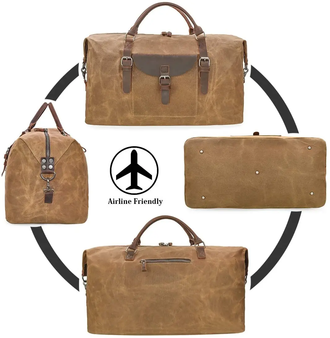 Premium Waterproof Canvas Genuine Leather Weekend bag Weekender Overnight Carryon Hand Bag Travel Duffel Bag