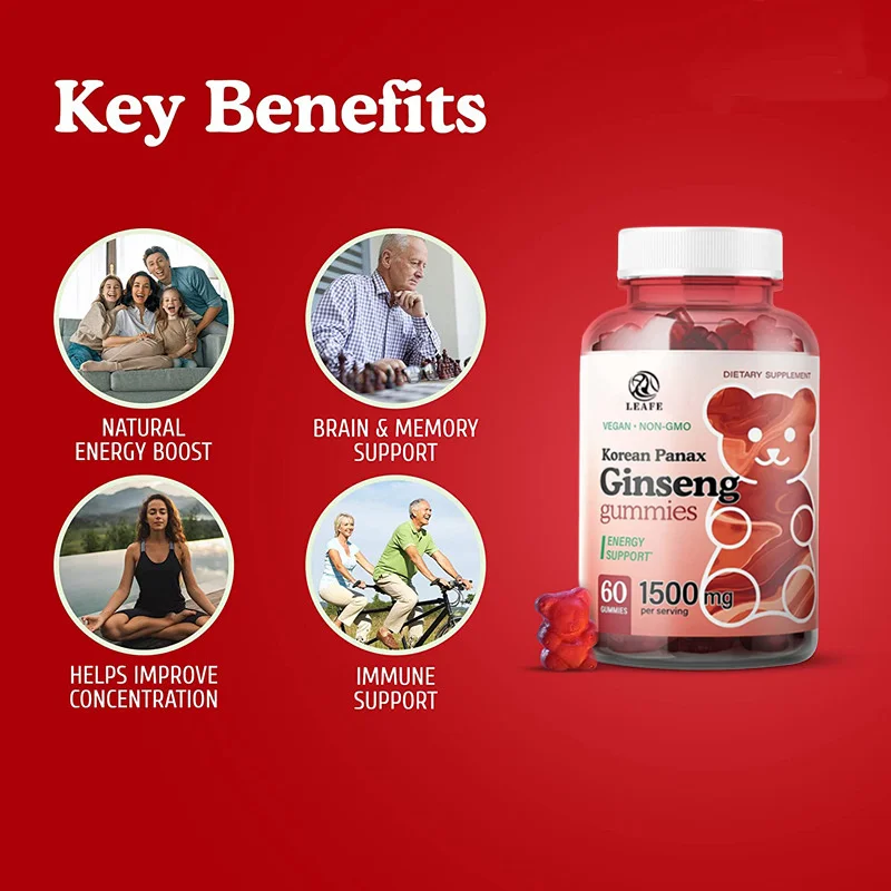 Halal Vegan Red Ginseng Gummies Energy & Brain Supplement Gummy Suger Free Stress Relief Ginseng Gummies Mental Focus Mood Boost
