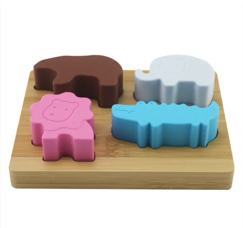 Bpa Free Educational Montessori Sorting Silicone Animal Shape Kids Toddler Custom Bamboo Wooden 3D Jigsaw Puzzle