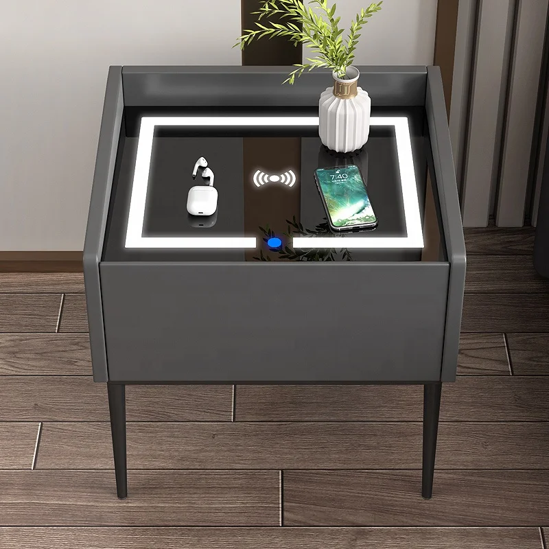 Bedroom 3C tempered glass countertop LED energy-saving ring light smart bedside table with wireless charging