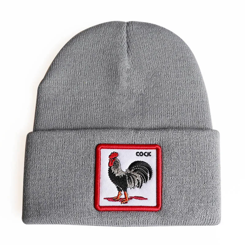 Popular Animal Rooster Embroidery Knitted Hat Deer Fox Wolf Elephant Tiger Shark Scorpion Sleeve Ski Cap Winter Cold Beanie