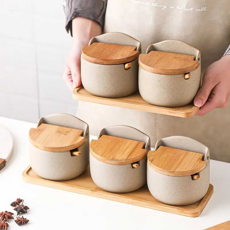 Japanese Style Kitchen Food Porcelain Storage Bottles Jar Sets With Seal Bamboo Lid Wood Seasoning Pot Ceramic Spice Jar