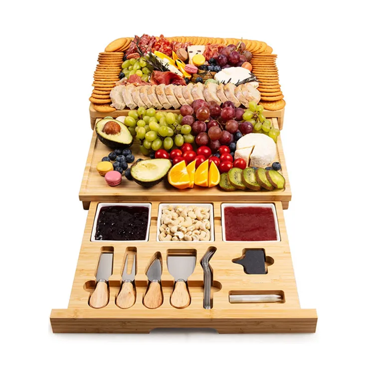 Kitchen Extra Large Bamboo Slate Cheese Platter Knife Set Multifunction Charcuterie Wooden Serving Board With Ceramic Bowls