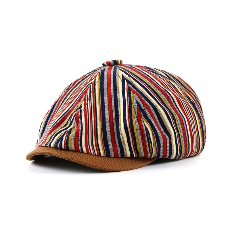 Autumn new womens retro vintage short brim newsboy cap striped british octagonal painter hat