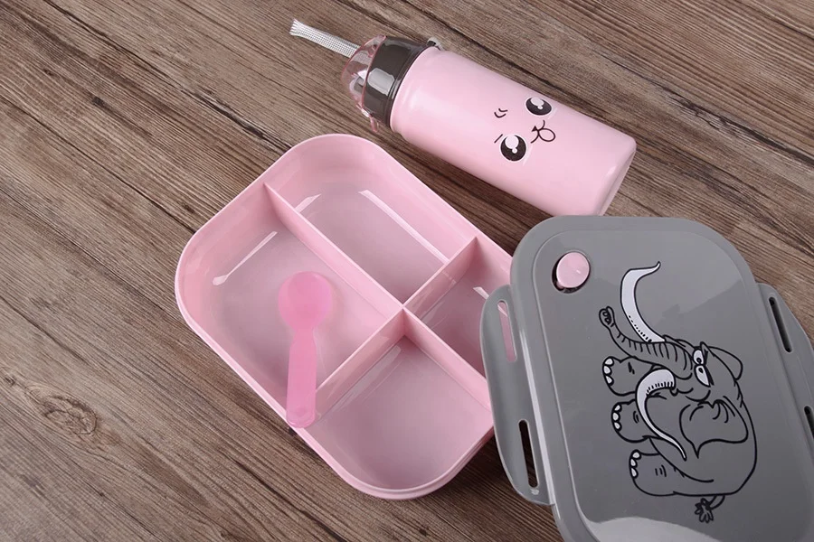 Kid children Cartoon Animal Elephant Plastic Bento Lunch Box with Water Bottle Set and spoon safe plastic food container