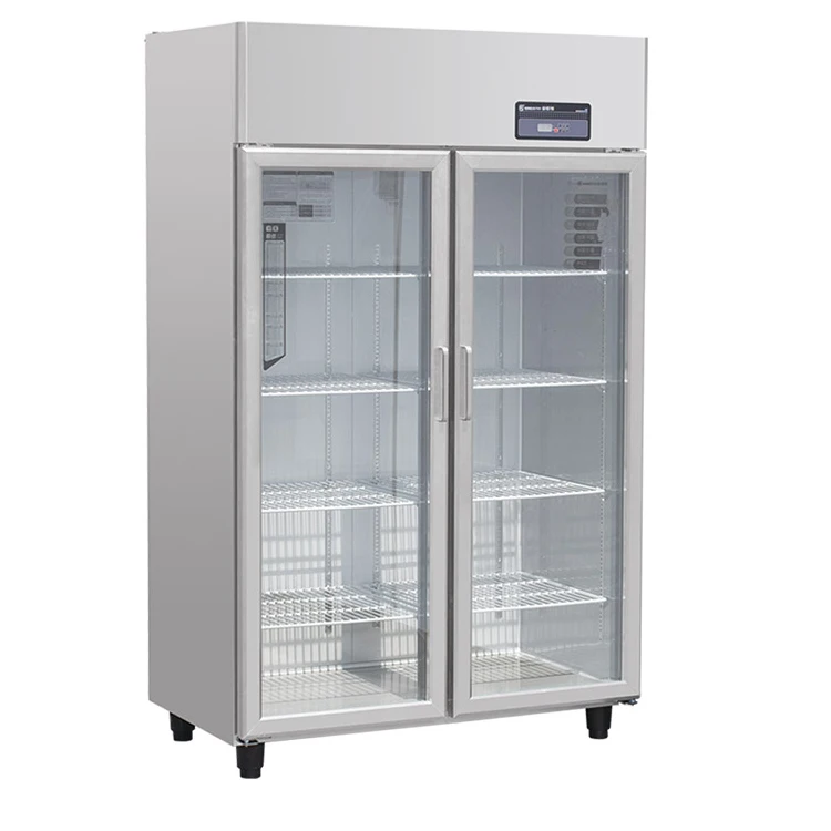 Commercial hotel kitchen equipment Stainless steel two big glass door upright freezer Refrigerator freezer fridge